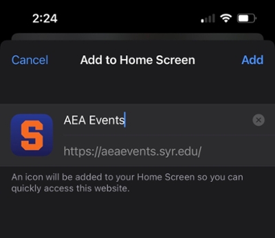 Screenshot of confirmation to add to home screen